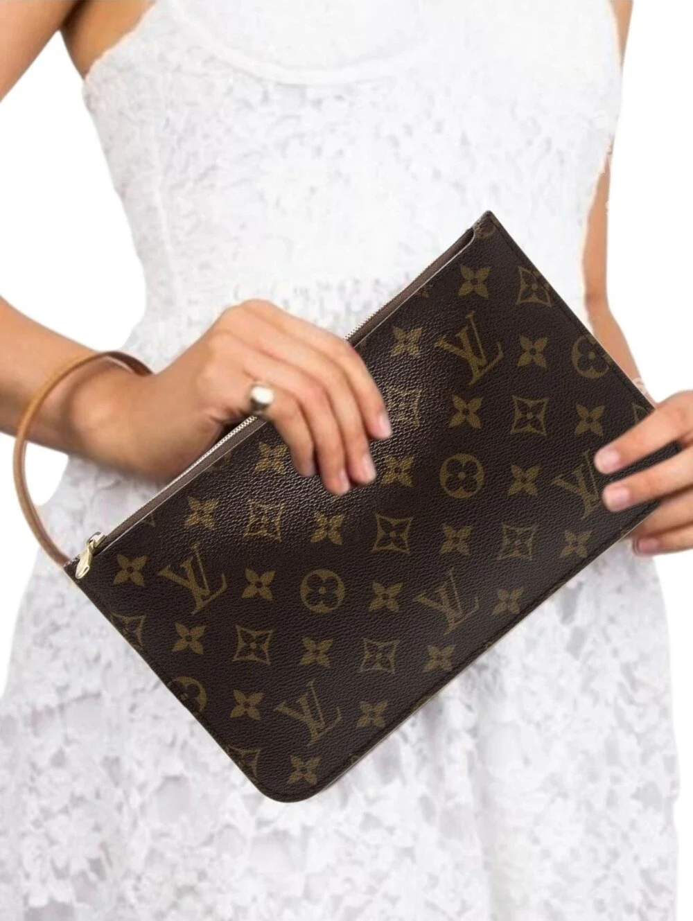 Louis Vuitton Monogram Neverfull MM GM Pochette WRISTLET BEIGE NEUTRAL BROWN EUC